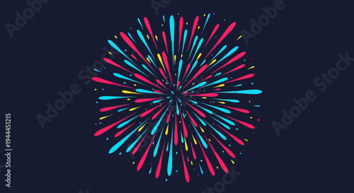 This energetic abstract illustration showcases a dazzling explosion of vibrant pink, blue, and yellow light rays, creating a festive and celebratory visual on a dark backdrop.
