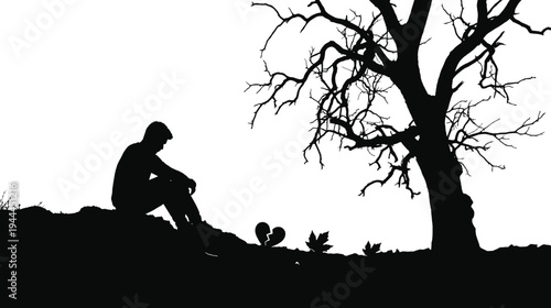 Lonely Man Sitting Under Bare Tree With Broken Heart Showing Sadness Heartbreak Emotional Pain Love Loss Concept Vector Illustration