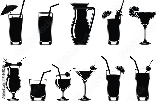 Cocktail and Beverage Glass Silhouette Set with Juice Pitcher, Margarita, Martini, Tropical Drinks and Straw Garnish Isolated for Bar Menu, Party, and Drink Icons