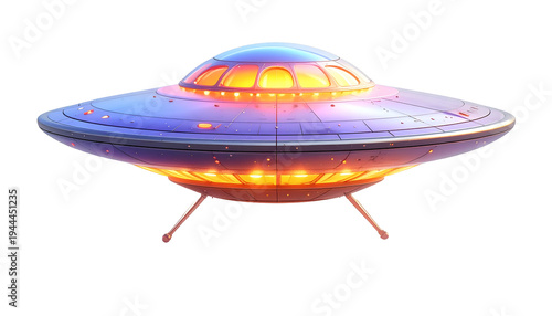 Cartoonish, saucer-shaped spacecraft with glowing lights and a transparent dome
