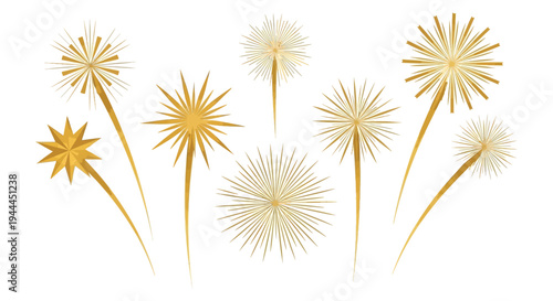 Golden fireworks display with various starburst shapes and radiant trails creates a festive celebratory silhouette high quality professional detailed modern elegant