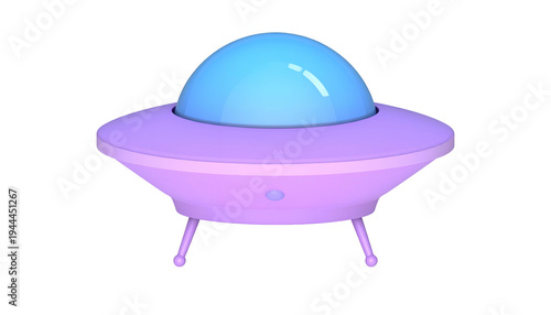 3D-rendered, pastel-colored, cartoon-style spaceship with a transparent blue dome and landing legs