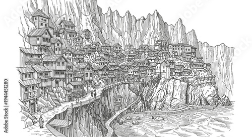 Detailed hand-drawn illustration of an ancient cliffside mountain village, intricate fantasy architecture in black and white