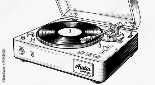 Vintage Turntable and Vinyl Record Illustration. Hand-Drawn Retro Analog Music Player Sketch in Black and White.