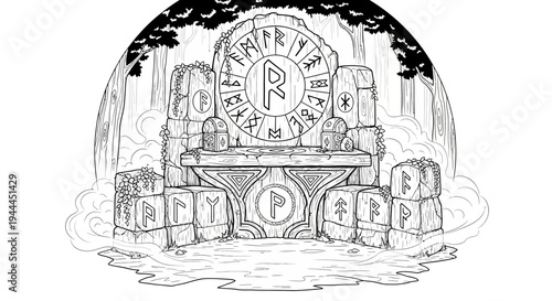 Detailed Runic Stone Altar Illustration in a Mystical Fantasy Forest Setting - Perfect for Coloring Book or Pagan Art