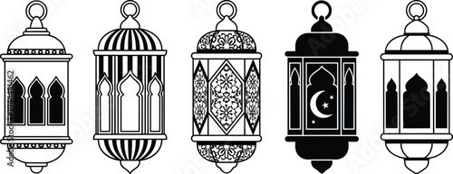 Islamic Ramadan lantern outline and silhouette icon set with ornate Arabic patterns, decorative fanous lamps for Ramadan Kareem and Eid Mubarak celebration vector illustration