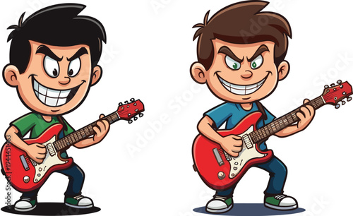Cartoon boys playing electric guitar with big smiles, music performance illustration of young musicians enjoying rock concert with energy and excitement
