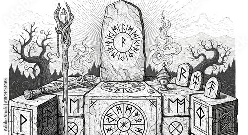 Mystical Runic Altar Scene: Detailed Hand-Drawn Illustration with Ancient Stones, Ritual Staff, and Spiritual Symbols