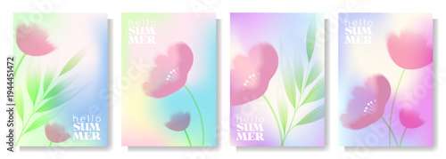 A set of 4 bright gradient blurred summer backgrounds with flower