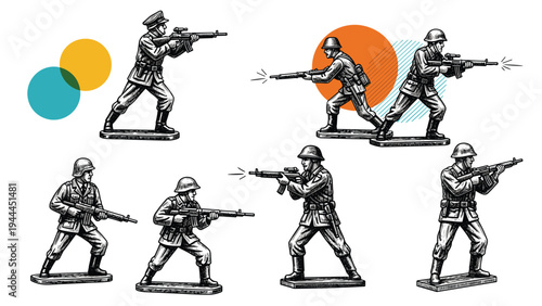 Group of toy soldiers in various combat poses and shooting stances rendered in a detailed black and white sketch style.