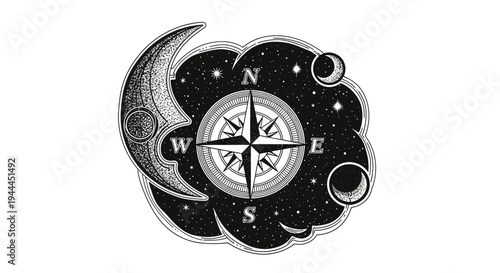 Vintage compass rose with crescent moon and starry night sky illustration, celestial navigation concept, black and white artwork.