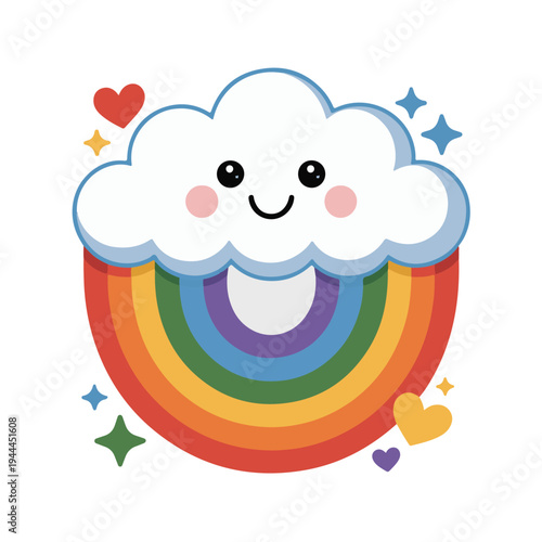 Cute cartoon cloud with rainbow vector illustration, adorable smiling face character design