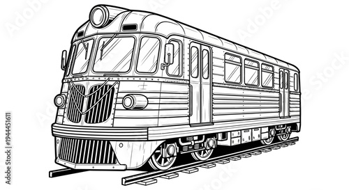 Vintage Passenger Train Line Art Illustration. Retro Locomotive Drawing on Rails. Classic Black and White Railway Transport.