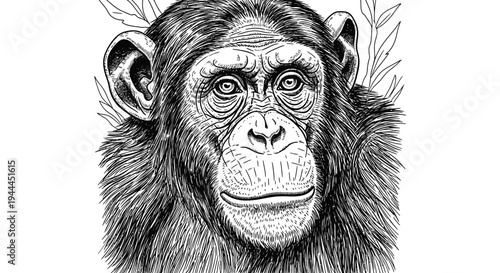 Detailed chimpanzee portrait in black and white, hand-drawn illustration with an engraved etching style, realistic primate face.