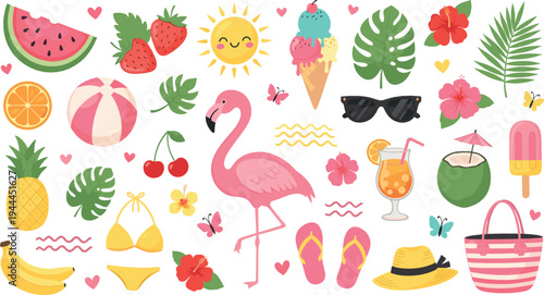 Summer beach vacation vector set with flamingo, tropical fruits, swimsuit, cocktail, sunglasses and holiday elements illustration