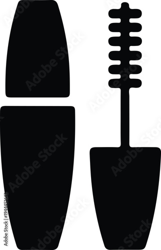 Minimal Mascara Silhouette Makeup Beauty Icon, Simple black silhouette illustration of mascara bottle and applicator brush, representing eye makeup cosmetics and beauty routine.