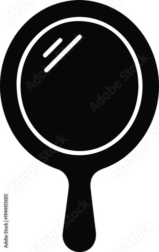 Minimal Hand Mirror Silhouette Beauty Icon, Simple black silhouette illustration of a handheld mirror used for makeup, grooming, and beauty routines.