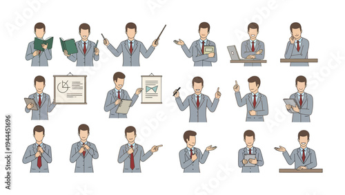 Business Presentation and Poses: A professional individual in a suit, various postures suitable for presentation and demonstration, using different tools, from document to microphone.