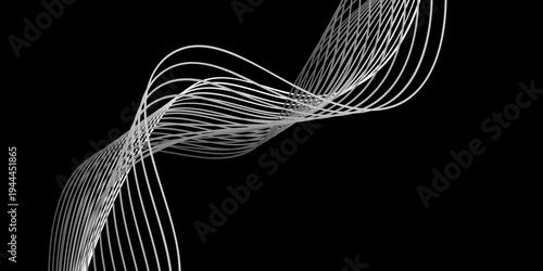 Black and white 3D rendered DNA strand illustration featuring a digital wave pattern of curved lines and motion texture for a high-tech art background