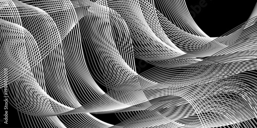 A futuristic black and white vector illustration features a seamless pattern of abstract 3d fractal lines and geometric wave shapes to create a decorative high-tech backdrop design