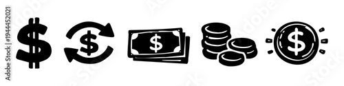 Set of hand-drawn money and finance icons featuring dollar signs, currency exchange, cash bills, and stacks of coins. Minimalist black doodle style on a white background.