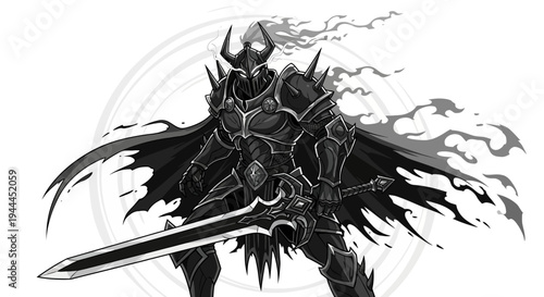 Dark fantasy knight warrior in ornate spiked armor, horned helmet, and glowing eyes, holding a powerful sword. Mystical shadowy figure.