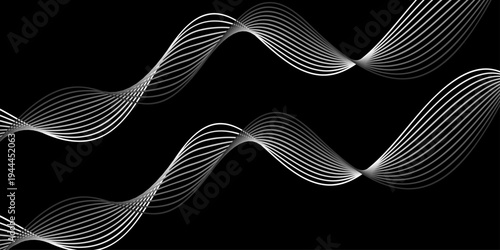 Abstract black and white wave background featuring a vector line design with a blue gradient motion pattern and digital technology texture