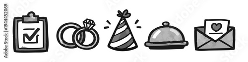Set of hand-drawn grayscale wedding and event planning icons featuring a checklist, rings, party hat, catering cloche, and heart invitation envelope in a watercolor sketch style.