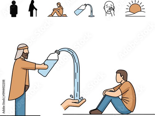 Man Giving Water To Thirsty Person Showing Kindness Charity Help And Humanitarian Support Concept Illustration For Care Compassion Aid