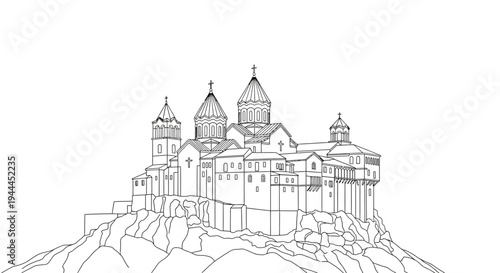 Detailed Line Art Illustration of an Ancient Stone Monastery or Castle Perched on a Rocky Hilltop. Historic Building Outline.