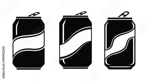 Three black soda cans are displayed in a row showcasing a minimalist design and striking silhouette high quality professional detailed modern