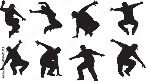 Collection of black silhouettes showing a male hip-hop dancer performing dynamic breakdance moves icon set