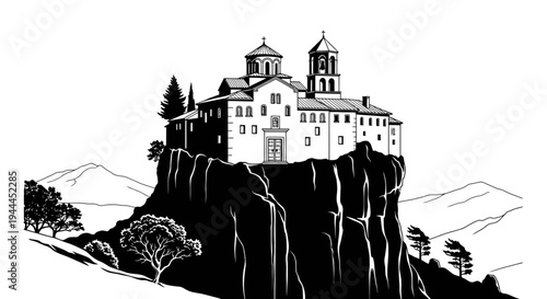 Ancient Monastery Perched on a Dramatic Mountain Cliff Illustration. Historic Religious Building in Black and White.