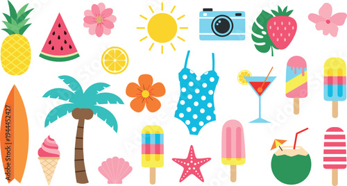 Summer vacation vector set with tropical fruits, surfboard, swimsuit, palm tree, ice cream and beach icons illustration collection