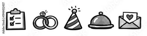 Set of hand-drawn grayscale wedding and event planning icons featuring a checklist, rings, party hat, food tray, and love letter. Perfect for celebration, catering, and invitation designs.