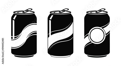 Three black soda cans are displayed in a row featuring bold designs and a striking silhouette high quality professional detailed modern