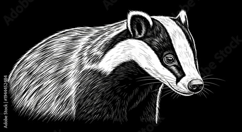 Detailed black and white illustration of a badger, showcasing its distinctive striped face and fur texture on a dark background.