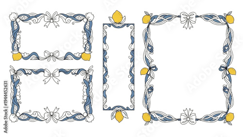 Three ornate blue and white frames with bows on a white background