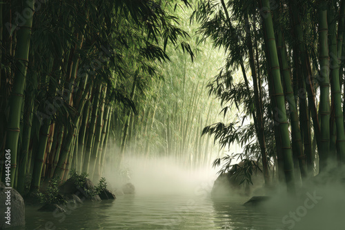 Misty Bamboo Forest with Stream and Morning Light Zen Nature Landscape