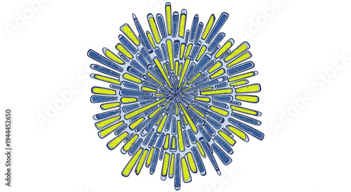 A dynamic, hand-drawn abstract illustration showcasing a vibrant radial explosion of blue and yellow elongated shapes, radiating outward from a central point, perfect for energetic design projects