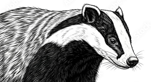 Black and white hand-drawn illustration of a badger, a wild mammal with distinctive striped face, close-up nature artwork