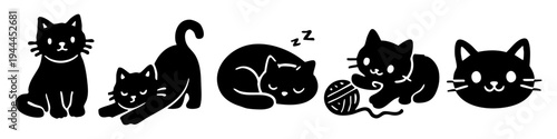 Collection of cute black cat silhouettes in various poses including sitting, stretching, sleeping, and playing with yarn. Minimalist vector illustration set for pet-themed designs.
