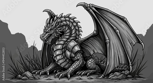Powerful Detailed Black and White Dragon Illustration. Majestic Mythical Fantasy Creature Resting in a Grayscale Landscape