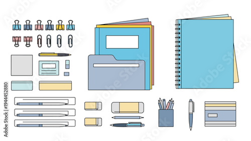 Comprehensive set of office and school supplies including notebooks, folders, pens, pencils, erasers, and binder clips.
