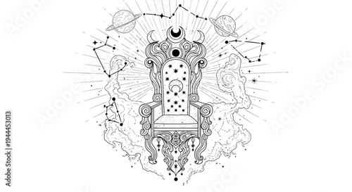 Mystical ornate celestial throne illustration with moon, stars, planets, and astrological constellations for cosmic fantasy art