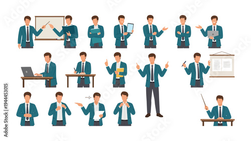 Businessman in Different Poses: A professional businessman presents a collection of dynamic poses, capturing various work-related actions.