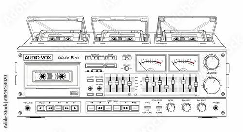 Detailed Retro Stereo System Line Art with Multiple Cassette Decks, Equalizer, and VU Meters. Vintage Audio Equipment Illustration.