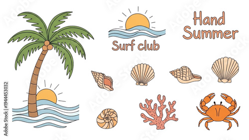 A serene summer scene with a palm tree, crab, and seashells near a surf club by the ocean.