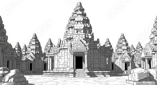 Detailed architectural drawing of an ancient temple complex, historical stone monument illustration, Southeast Asian style