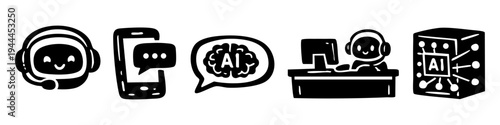 Set of hand-drawn AI chatbot and customer support icons in a minimalist black and white doodle style, featuring robots, artificial intelligence brain, and automated service symbols.